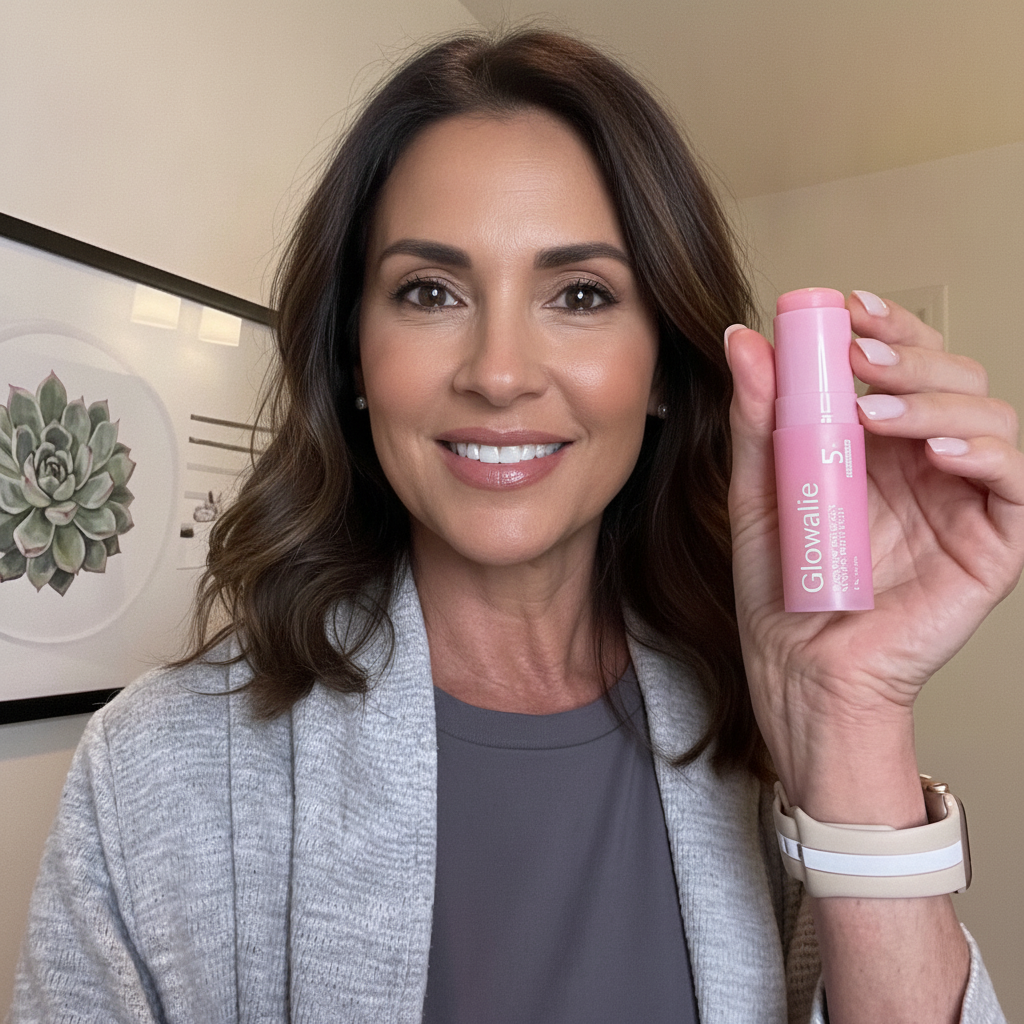 Mujer latina sosteniendo el bálsamo voluminizador PDRN Glowalie