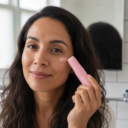 Mujer latina aplicando el bálsamo Glowalie bajo los ojos