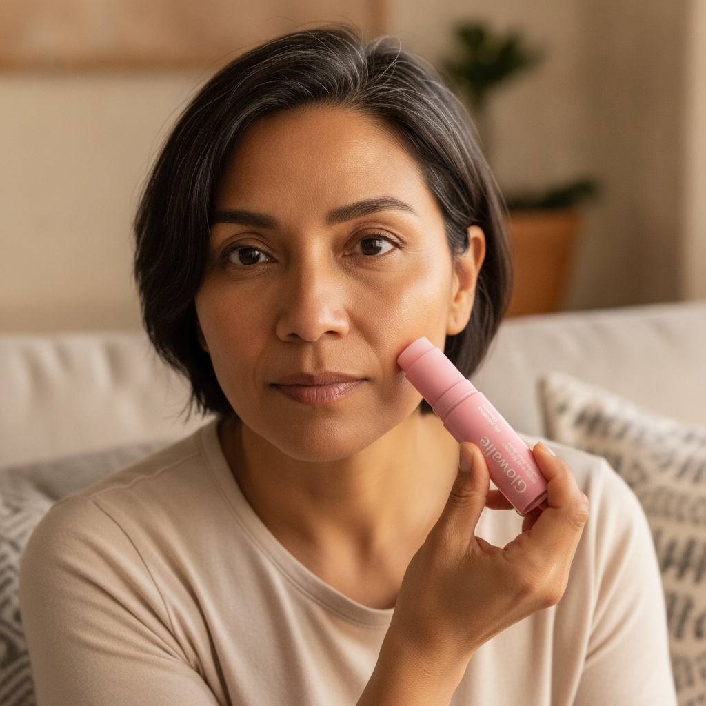 Mujer latina aplicando el bálsamo Glowalie en las líneas de sonrisa